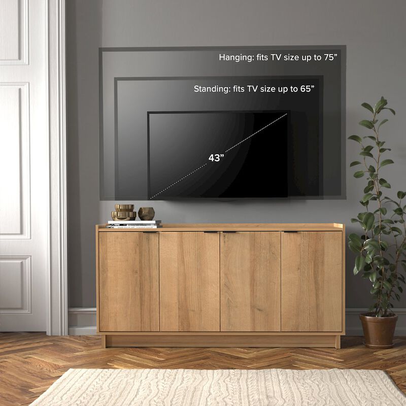 Prepac Simply Modern 4-Door Console Table Natural Oak Engineered Wood Sideboard
