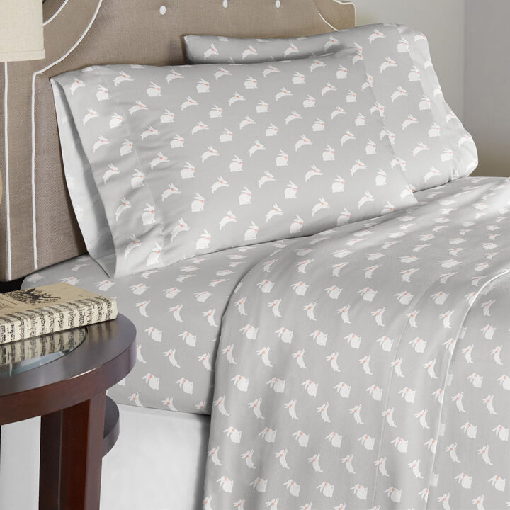 Pointehaven 180 GSM Velvet Feel Luxury Cotton Bunnies Printed Flannel Deep Pocket 4 pc Sheet Set, Full