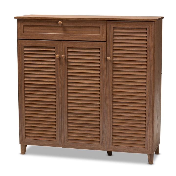 Baxton Studio Coolidge Modern Oak Brown Finished Wood 3 Door Shoe Storage Cabinet With Drawer
