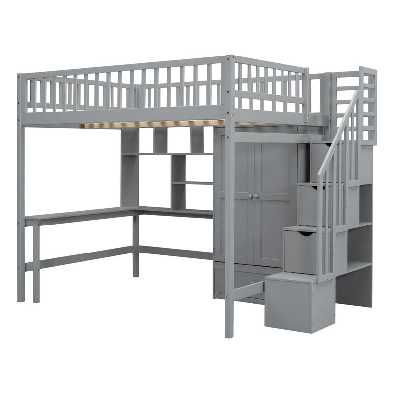 Full Size Loft Bed With Bookshelf, Drawers, Desk, And Wardrobe