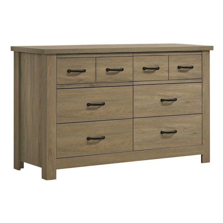 51 Inch Wood Dresser with 6 Drawers and Black Handles, Straight Legs, Gray - Benzara