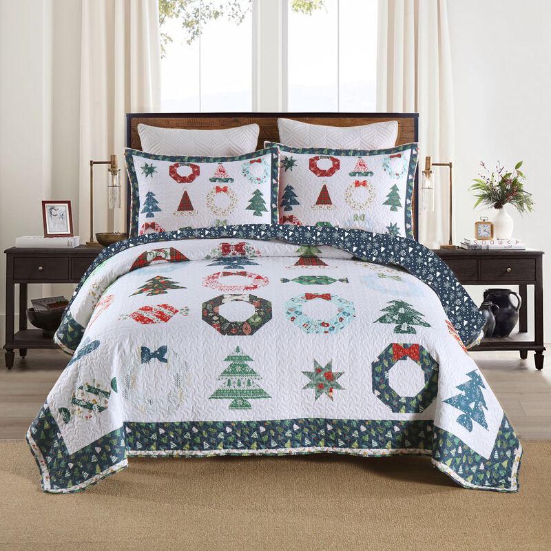 Marcielo 3 Pcs Winter Blue Candy Christmas Quilt Bedspread Set