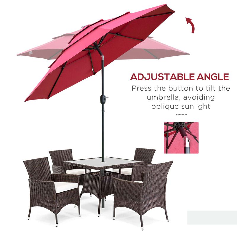 Wine Red Sun Shield: 9' 3-Tier Patio Umbrella with Crank Tilt