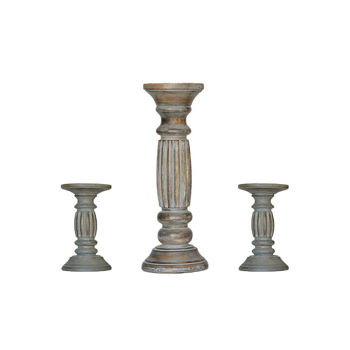Traditional Antique Dusk Eco-friendly Handmade Mango Wood Set Of Three 6",12" & 6" Pillar Candle Holder