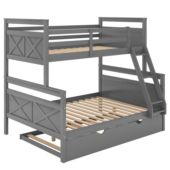 Twin Over Full Bunk Bed With Ladder, Twin Size Trundle, Safety Guardrail