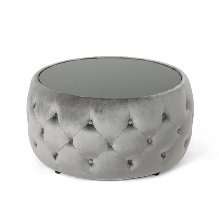 Pirana Ottoman Coffee Table, Gray Tuft Velvet, 30 Inch Tempered Glass - Benzara