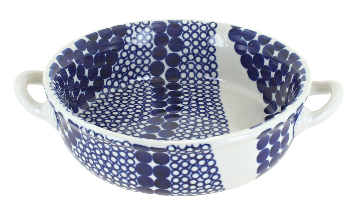 Blue Rose Polish Pottery Mosaic Flower Small Baker with Handles