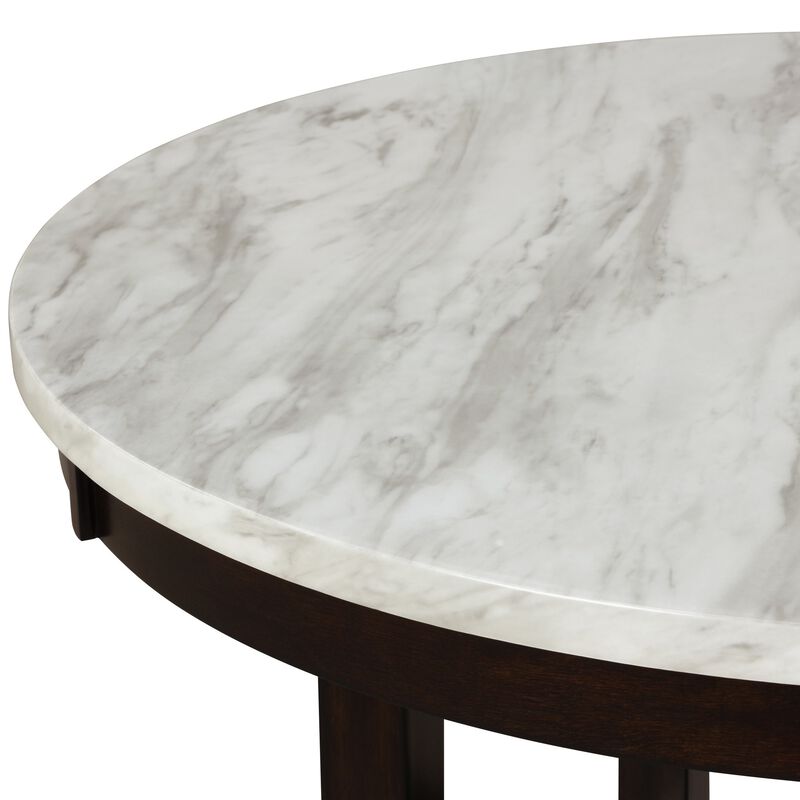 Kate 47 Inch Round Dining Table with Faux Marble Top, White and Brown - Benzara