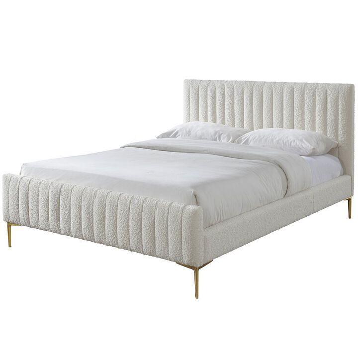 Omax Decor Julia Wood and Fabric Upholstered Queen Platform Bed in White Boucle