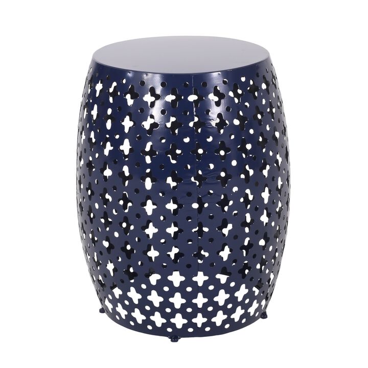 Miami Outdoor End Table, Cutout Design, Round 17 Inch, Navy Blue Iron - Benzara