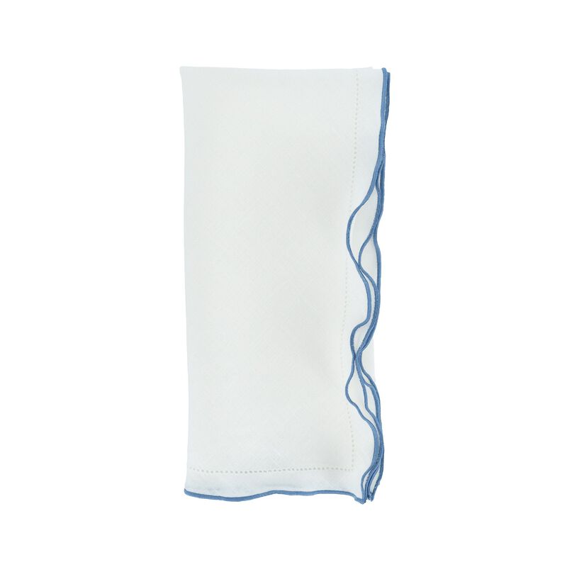 Linen Napkins With Blue Ruffled Hemstitch Edges, Set of 4