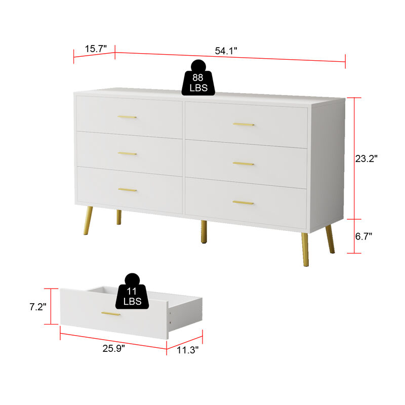 6-Drawers White Wood Chest of Drawer Accent Storage Cabinet Organizer With Metal Leg 54.1 in. W x 15.6 in. D