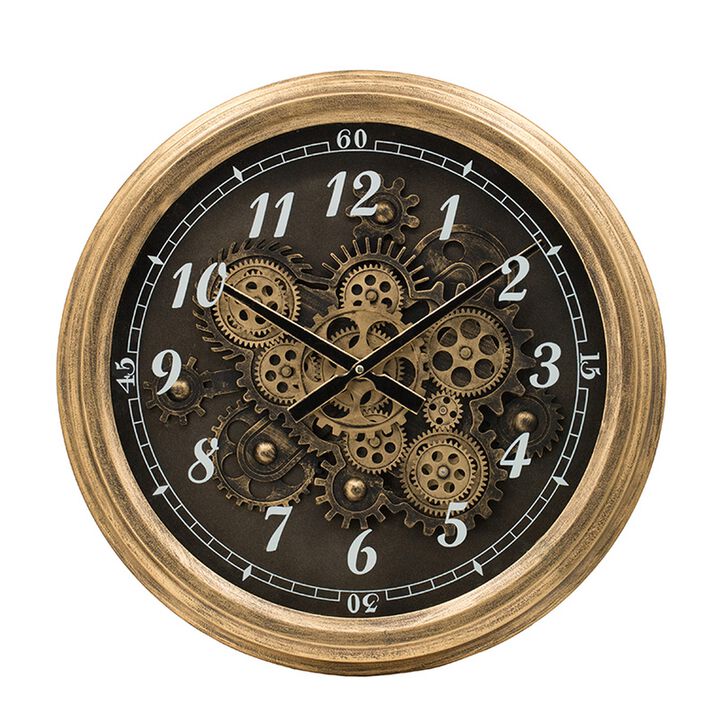 21 Inch Round Wall Clock, Gear Design, Numbered Analog, Gold Bronze Iron - Benzara