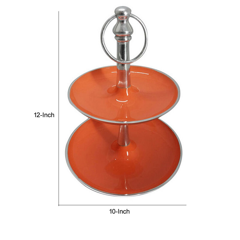 Lio 12 Inch 2 Tier Serving Tray, Orange Round Plate, Silver Aluminum Finish - Benzara
