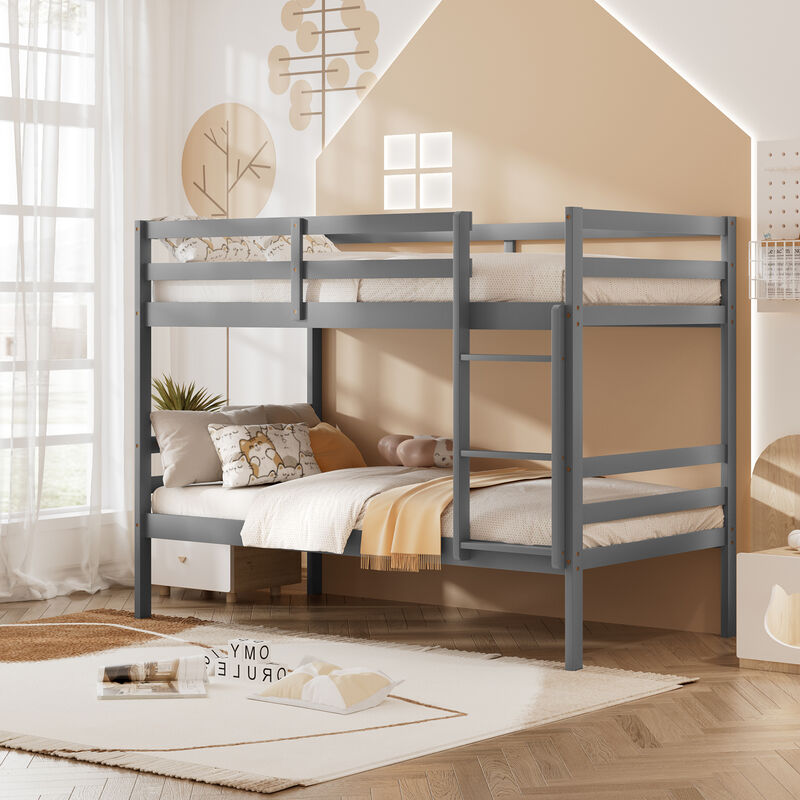 Twin Size Sturdy Wooden Bunk Beds with Ladder and Safety Rail-Grey