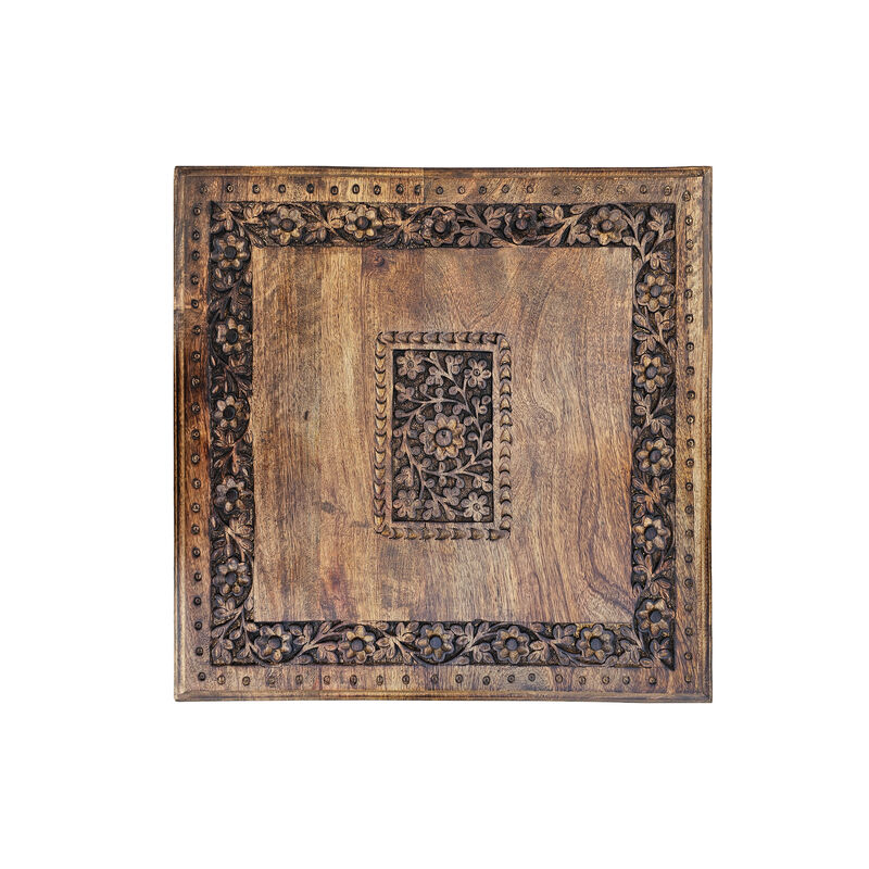 21 Inch Boho Side End Table, Floral Carved Details, Foldable Panel Legs, Natural Walnut Brown - Benzara