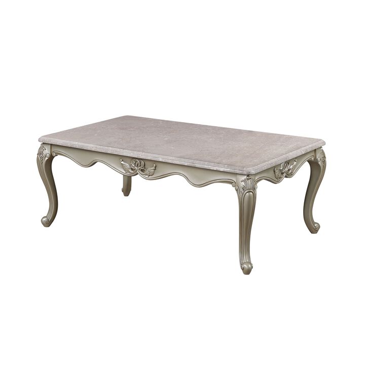Kerra Cocktail Coffee Table, Beige Marble, Carved Champagne 54 Inch - Benzara