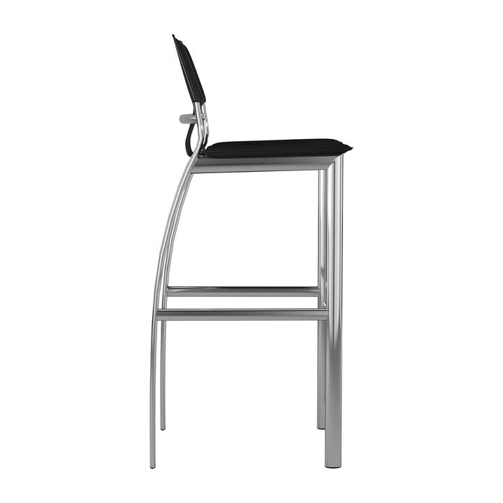 Illa 26 Inch Counter Height Chair, Set of 2, Chrome Base, Vegan Leather, Black - Benzara