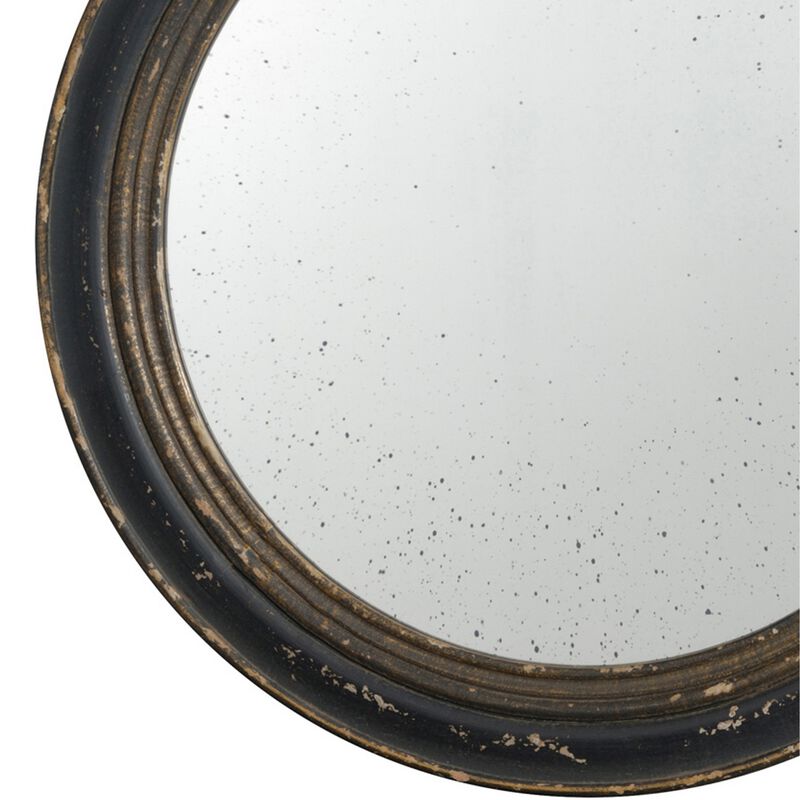 24 Inch Round Wall Mount Mirror, Molded Trim Wood Frame, Distressed Brown-Benzara