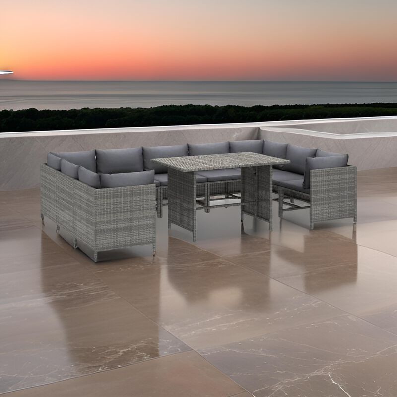 Ley 10pc Outdoor Modular Sectional Sofa Set, Gray Cushions, Rattan - Benzara