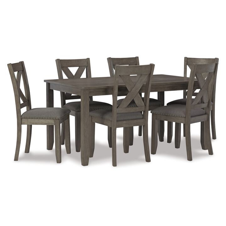 7 Piece Dining Table Set, Lattice Back Chairs, Dark Gray Wood, Polyester - Benzara