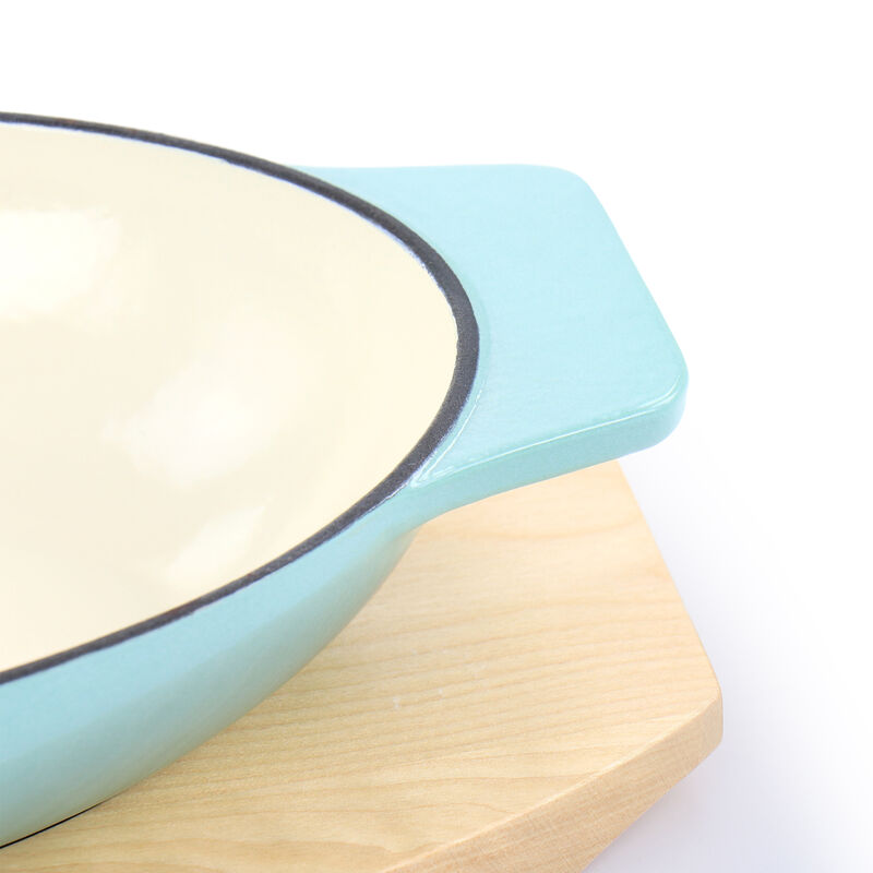 Martha Stewart 2 Piece Enameled Cast Iron Oval Casserole Birch Wood Trivet Set in Aqua