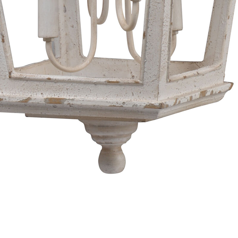 16 Inch 4 Light Chandelier, Classic Design, Fir Wood Iron, Distressed White - Benzara