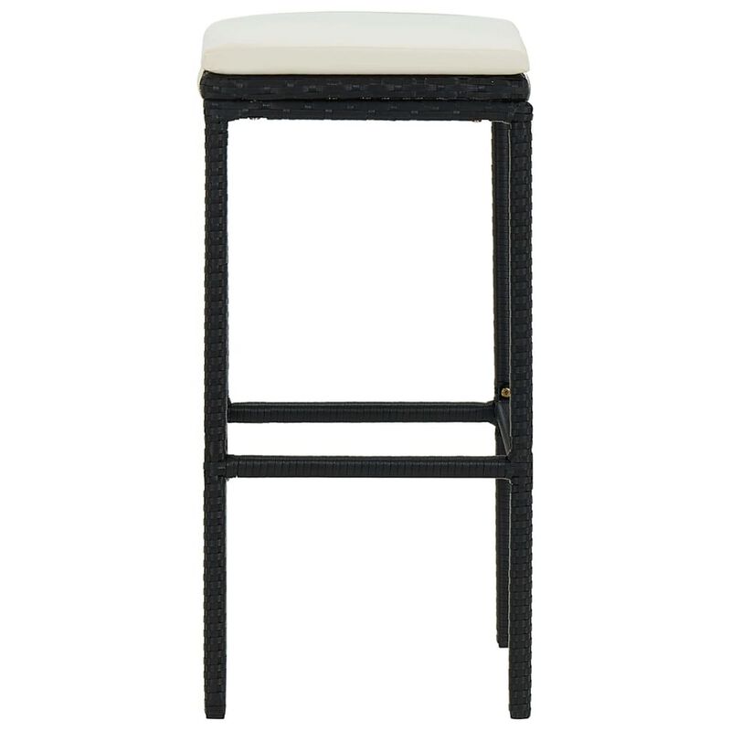 Outdoor Barstool Set of 4, Cream White Cushion, Black Poly Rattan - Benzara