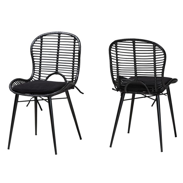 Bali & Pari Brenna Modern Bohemian Black Finished Rattan and Metal 2-Piece Dining Chair Set