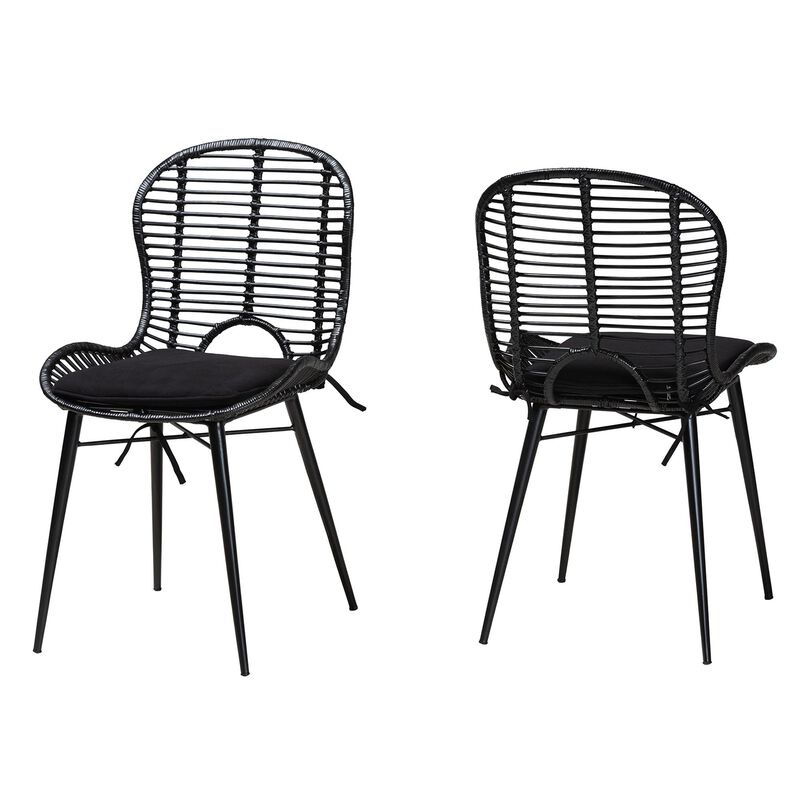 Bali & Pari Brenna Modern Bohemian Black Finished Rattan and Metal 2-Piece Dining Chair Set