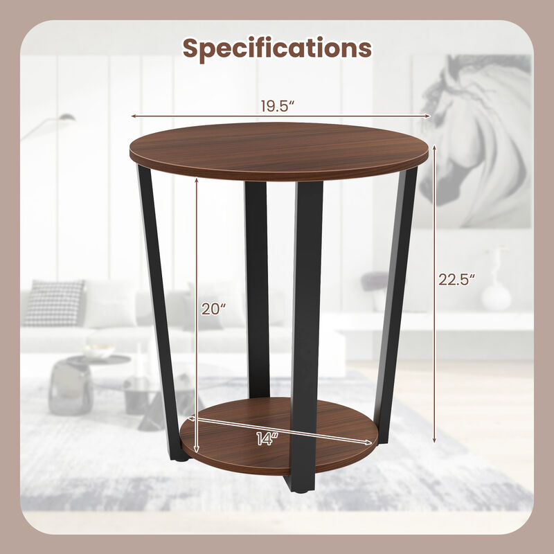 Round End Table with Open Shelf and Metal Frame for Living Room or Bedroom Storage