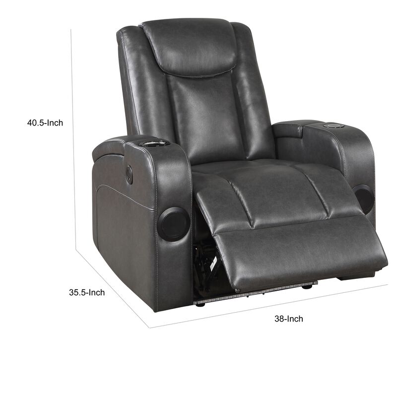 Emily 38 Inch Power Recliner Chair, Cooling Cupholder, LED, Gray PU Leather - Benzara