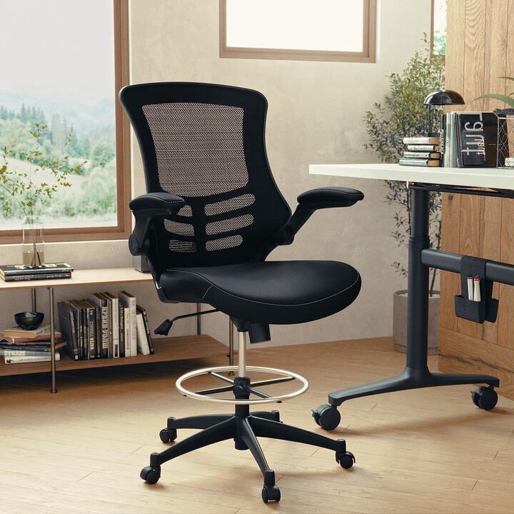 Flash Furniture Kelista Mid-Back Black Mesh Ergonomic Drafting Chair with LeatherSoft Seat | Adjustable Foot Ring, Flip-Up Arms | Comfort and Productivity