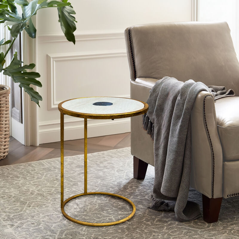 20 Inch Round Side End Table, White Marble Top with Blue Agate Stone Inlay, Gold Foil Finish Iron Frame - Benzara