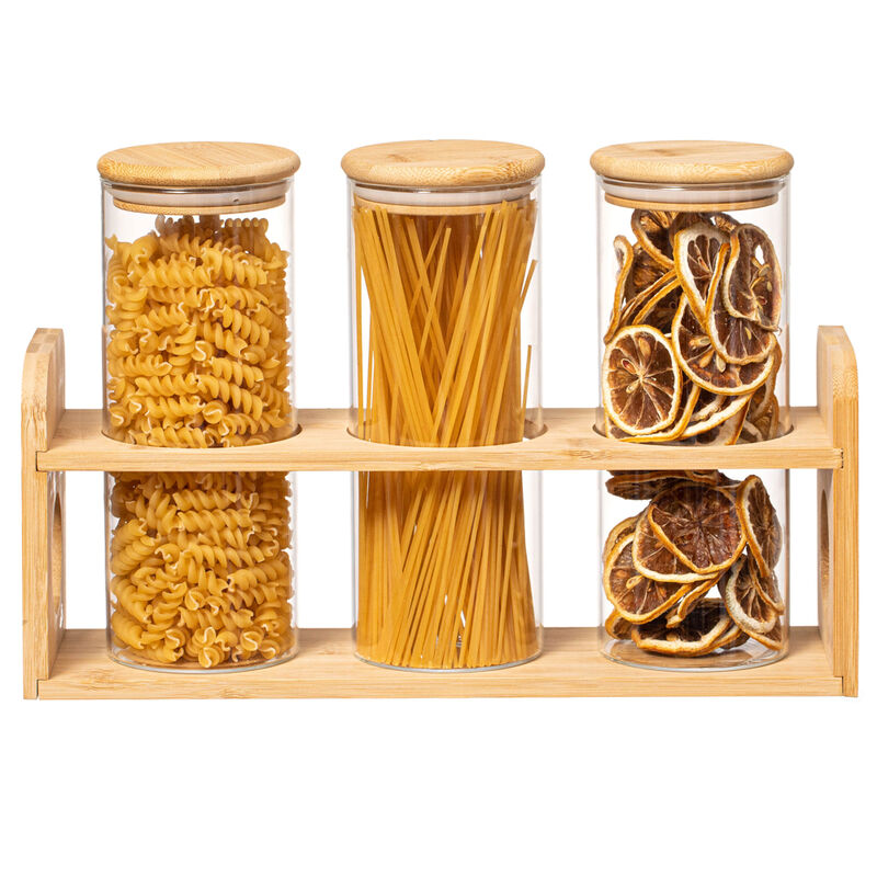 Basicwise 3 Pcs 30oz Glass Jars with Bamboo Shelf for Storing Ground Coffee, Sugar, Beans and Grains, Airtight Canisters for Nuts, Pasta, Flour and Tea Bags - Ideal for Kitchen and Pantry Organization