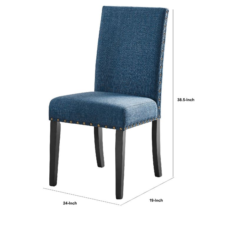 38 Inch Dining Chair with Nailhead Trim, Set of 2, Blue-Benzara
