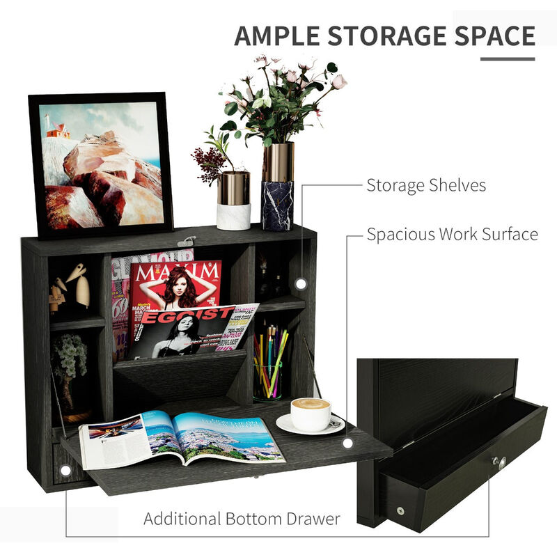 Black Space-Saver: Wall Mounted Desk with Foldable Tabletop