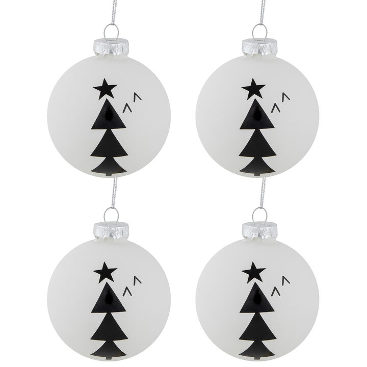 4ct White Glass Ball Ornaments with Black Christmas Trees 3"