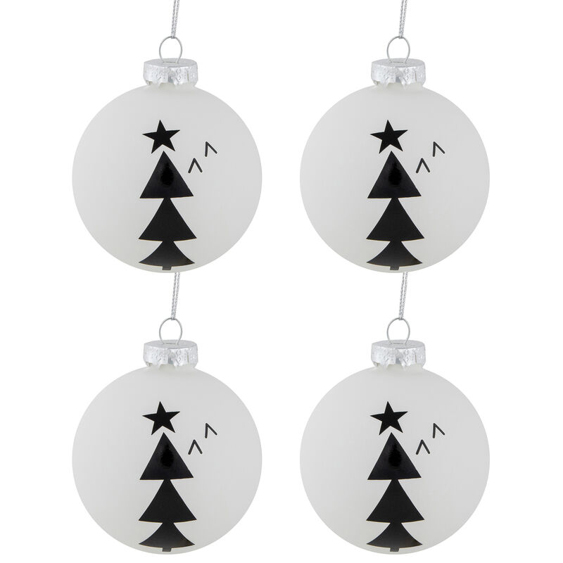 4ct White Glass Ball Ornaments with Black Christmas Trees 3"