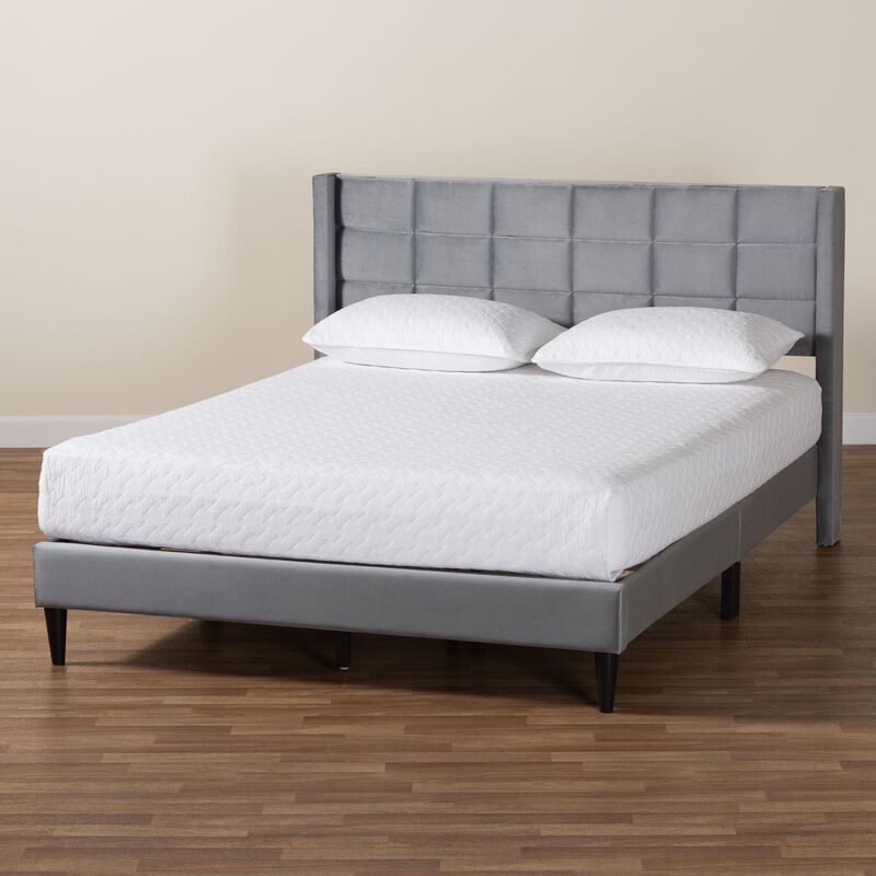 Baxton Studio Payne Modern Glam Navy Blue Velvet and Dark Brown Wood Queen Bed