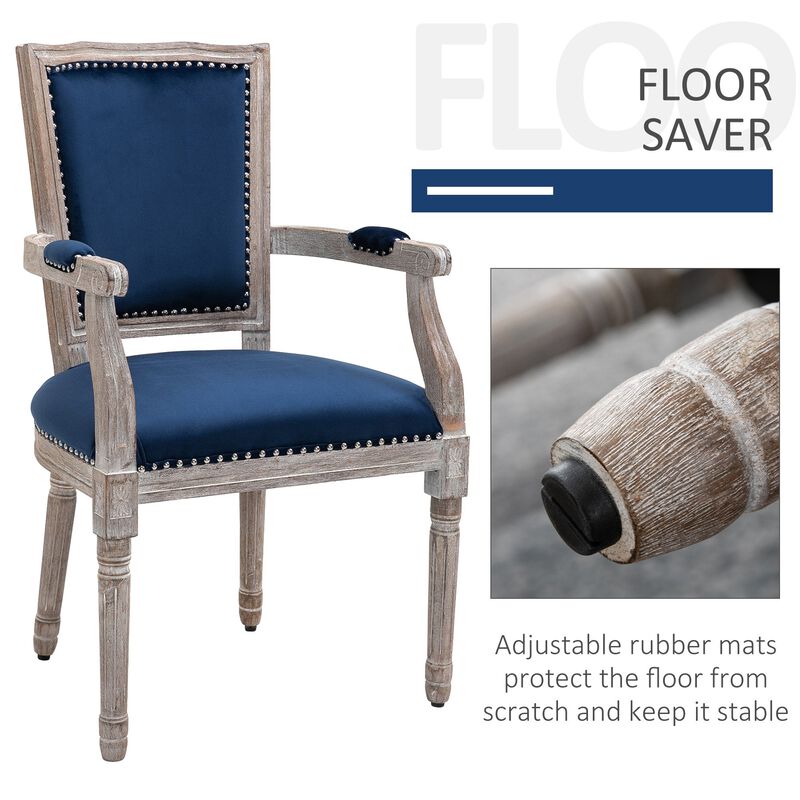 Blue Velvet Dining Chair: Vintage High Back Chair with Armrests, Solid Wood Legs