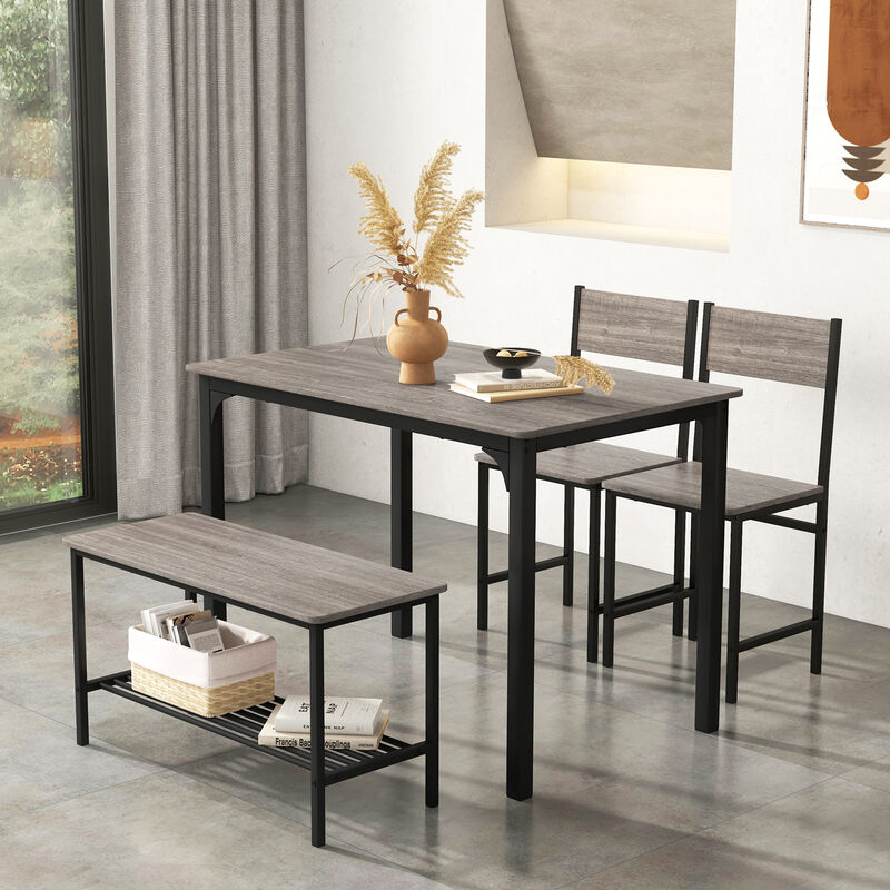 4 Pieces Rustic Dining Table Set with 2 Chairs and Bench
