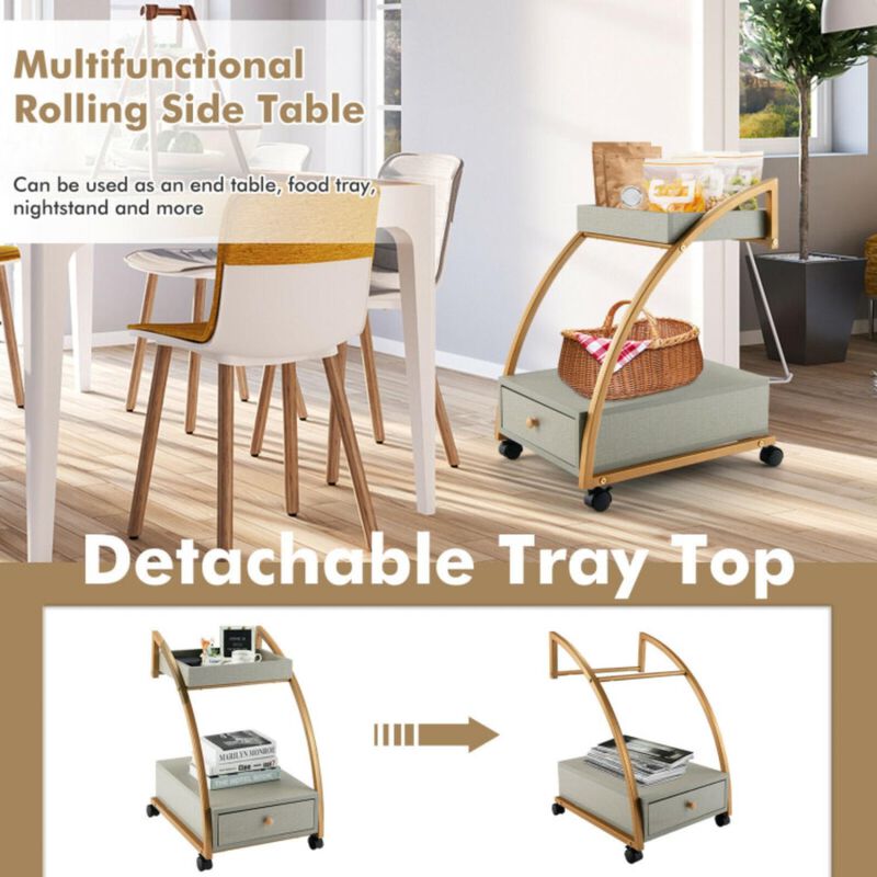 Hivvago Modern 2-Tier Rolling End Table with Tray Top and Pull-Out Drawer-Gray