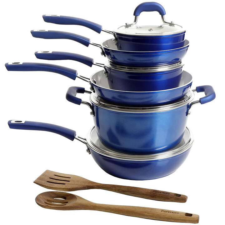 Kenmore Arlington 12 Piece Aluminum Ceramic Coated Nonstick Cookware Set in Metallic Blue