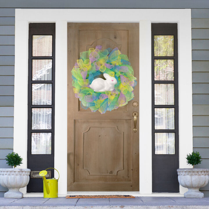 Colorful Deco Mesh Ribbon Easter Bunny Wreath  24-Inch  unlit