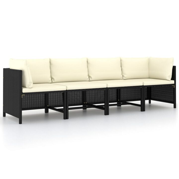 Reno Outdoor 4 Piece Modular Sofa Set, Ivory Cushions, Black Rattan - Benzara