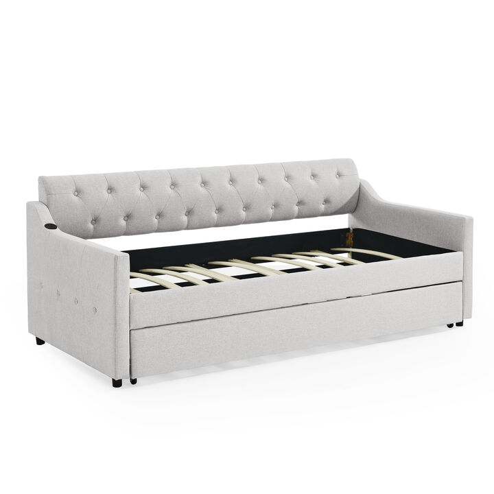 Twin Size Upholstery Day Bed With Twin Size Erectable Trundle And USB Charging Design, Linen Beige