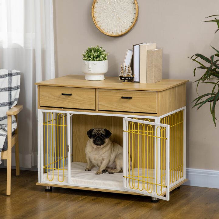 Oak Pet Furniture: Unique Dog Crate End Table with Drawers & Cushion