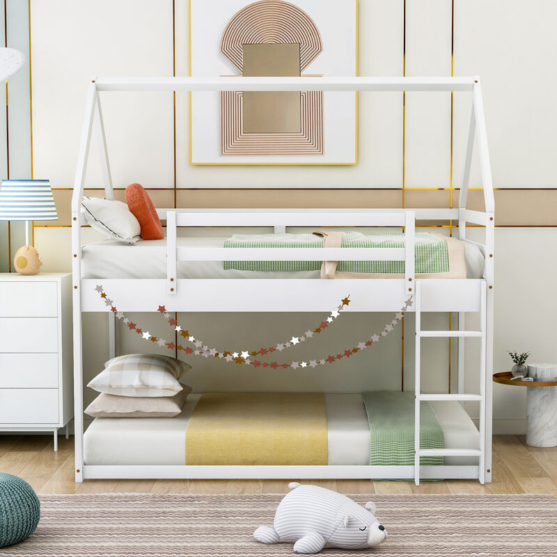 Twin Over Twin Low Bunk Bed, House Bed With Ladder