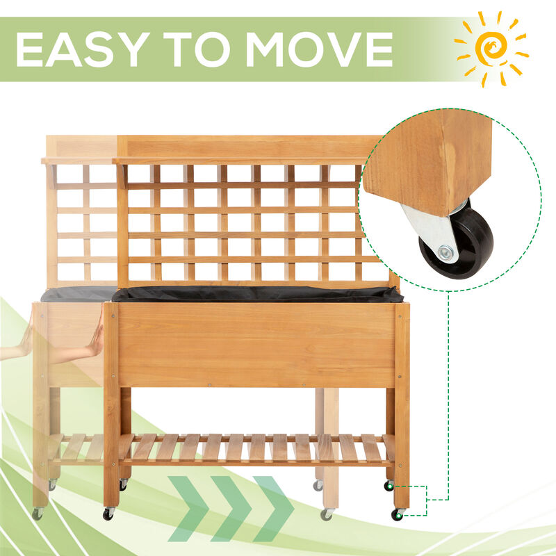 Outdoor Wooden Elevated Growing Plant Bed w/ Shelves for Tool Storage & Wheels
